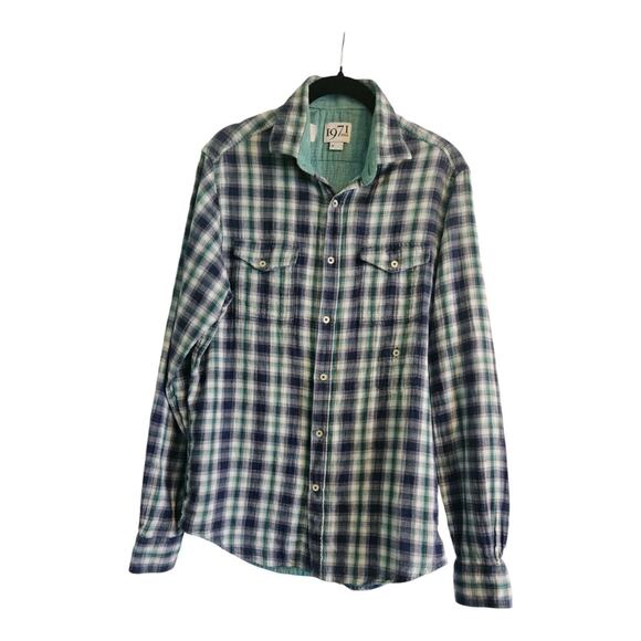 REISS 1971 Vinci Mens Plaid Flannel Shirt Size Med Blue Green Patch Pockets - Picture 1 of 10